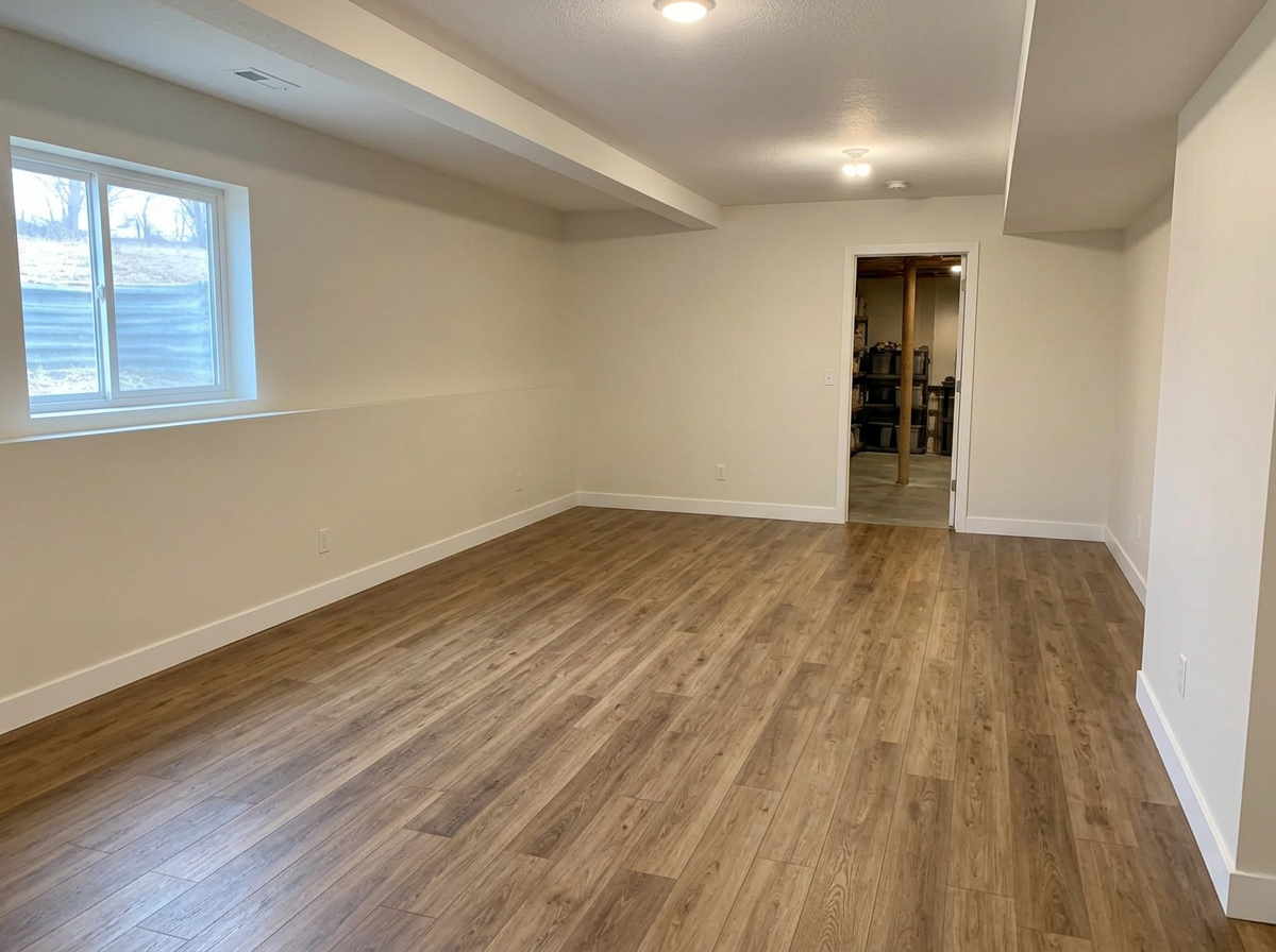 Restored basement with new drywall, fresh paint, white baseboards and luxury vinyl plank flooring