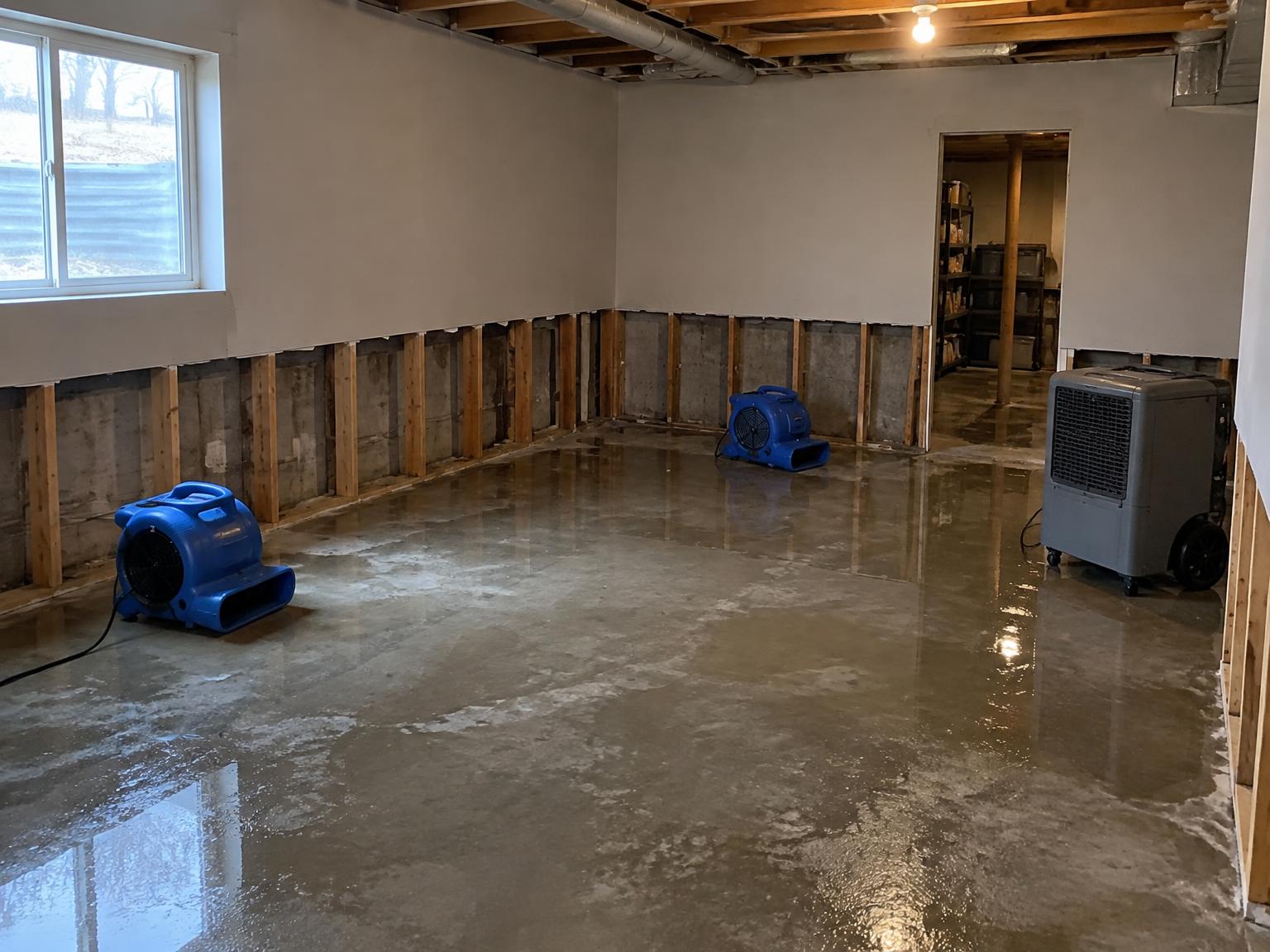 Flooded basement with standing water, drywall cut out to exposed studs, and air movers and a dehumidifier running
