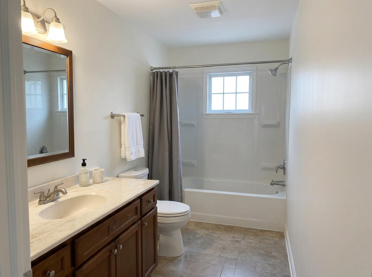 Clean, remodeled bathroom with fresh drywall and paint, bright and dry