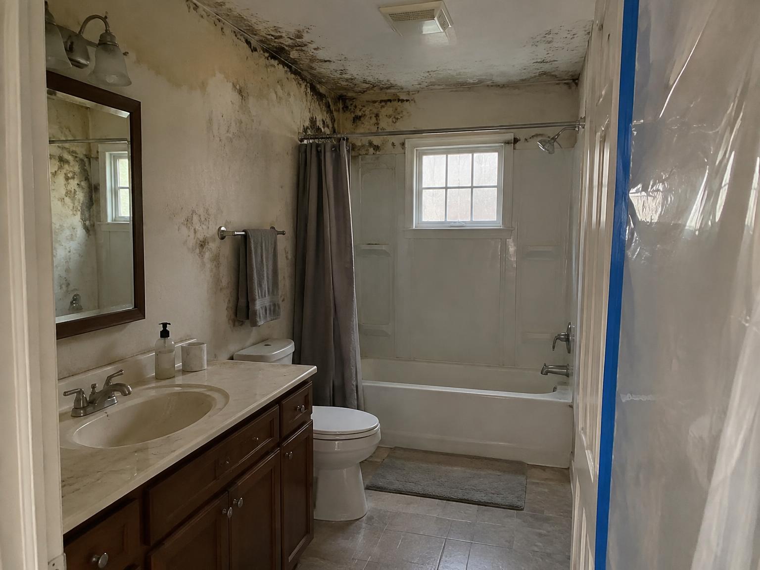 Bathroom with black mold on the walls and ceiling corners, water stains and a plastic containment barrier