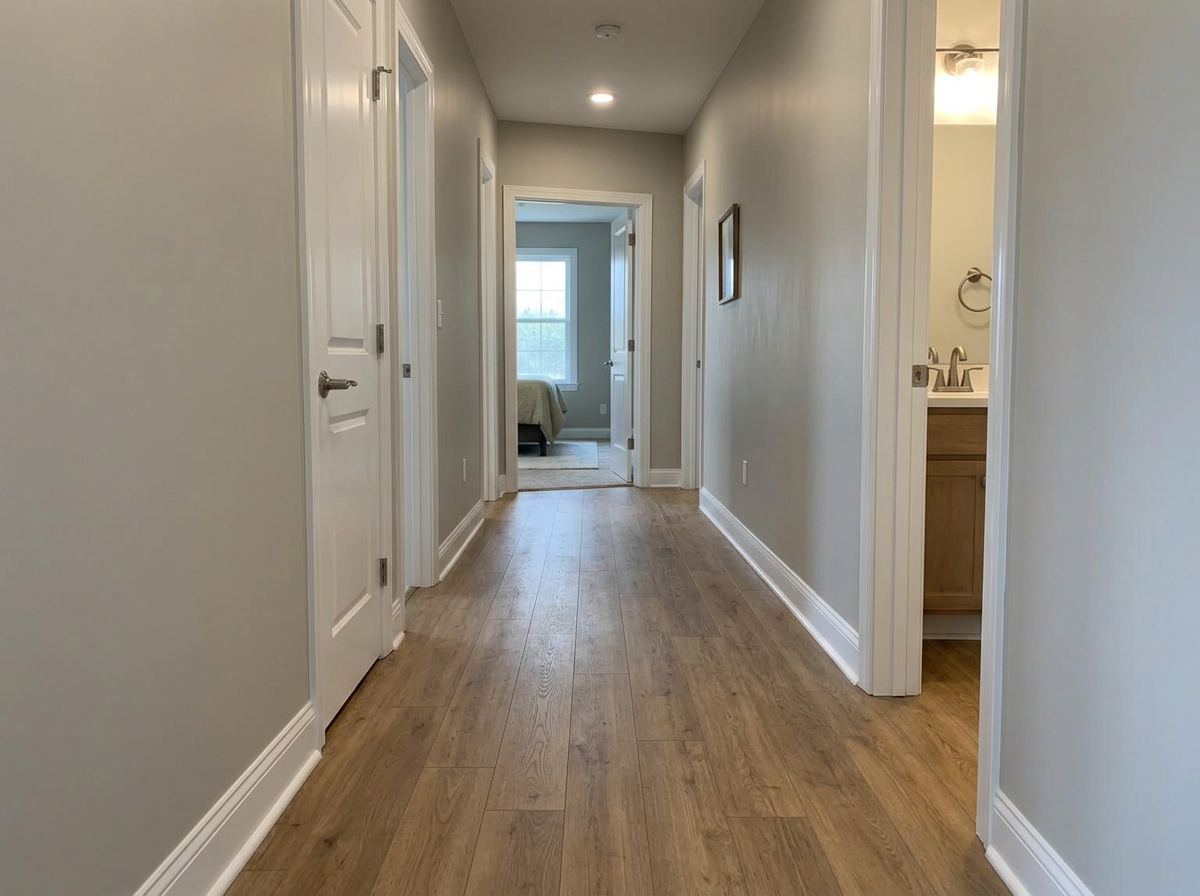 Finished hallway with new drywall, trim, wood-look flooring and doors