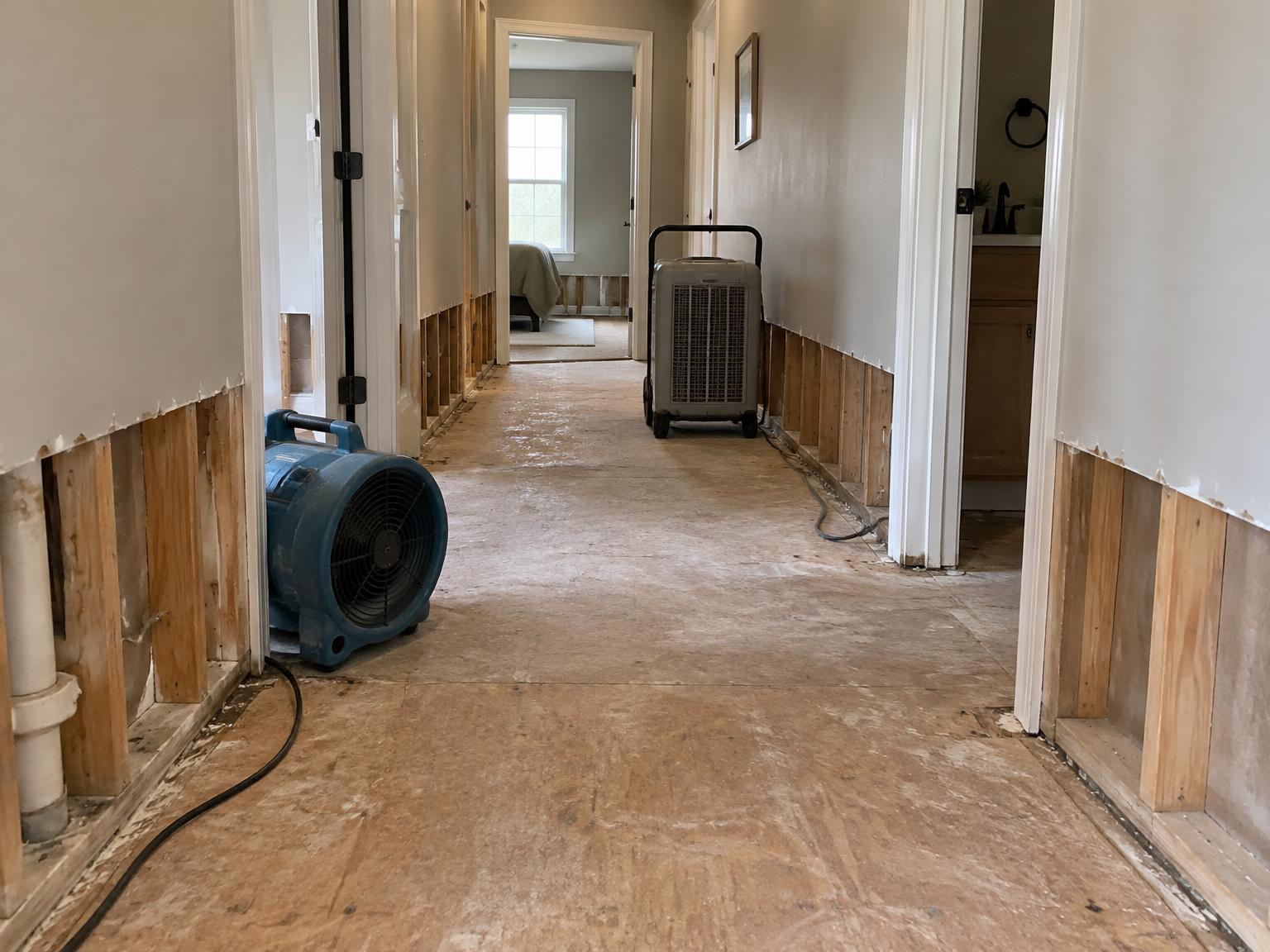 Hallway with drywall cut out at the base, exposed framing and subfloor, and drying equipment