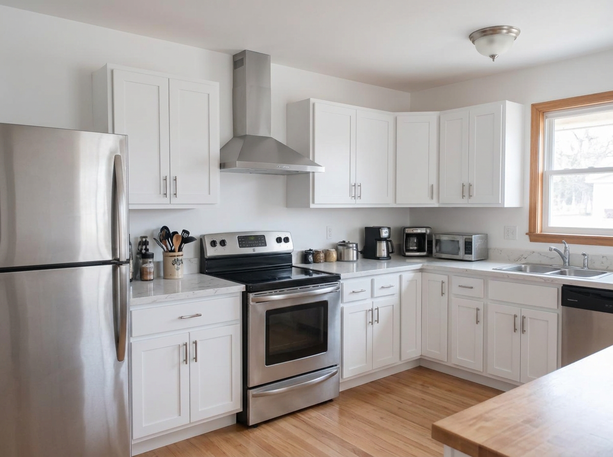 Rebuilt kitchen with new white cabinets, clean white walls and modern countertops