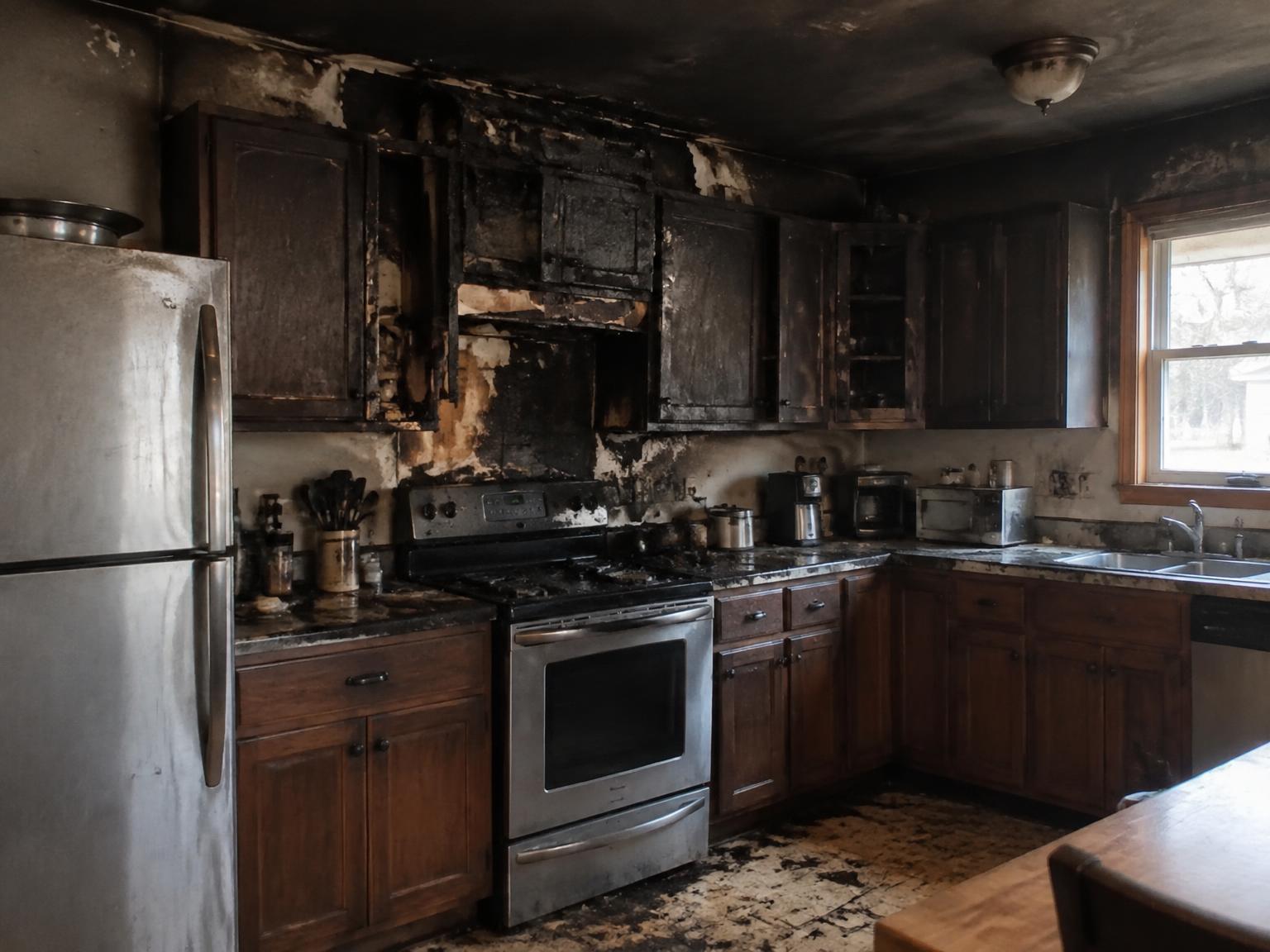 Fire-damaged kitchen with soot-blackened walls and ceiling and charred cabinets